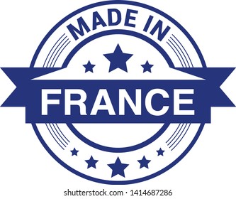 Made in France collection of ribbon, label, stickers, badge, icon and page curl with French flag symbol. Vector illustration isolated on white background. Grunge rubber stamp with Made in France text.