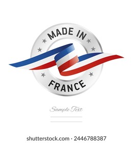 Made in France. France flag ribbon with circle silver ring seal stamp icon. France sign label vector isolated on white background