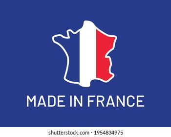 Made In France with French country shape and flag quality label on blue background.