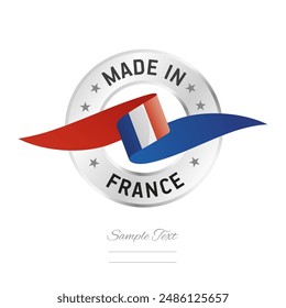 Made in France. French flag ribbon with circle silver ring seal stamp icon. France sign label vector isolated on white background