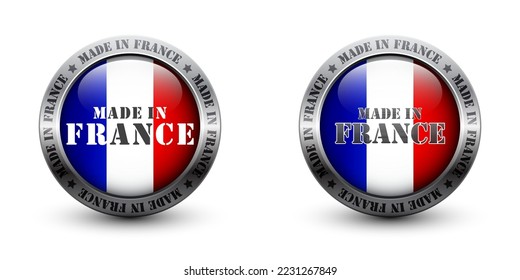 Made in france glossy button. Color label button with shadow. Glossy metal badge icon. Flat vector illustration.