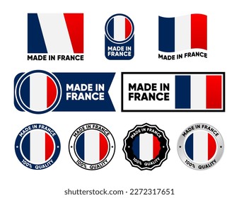 Made in France label collection. Set of flat isolated stamp made in France. 100 percent quality. Quality assurance concept. Vector illustration.