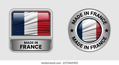 Made in France label icon set in silver color, featuring both rectangular and circular designs. Includes the France flag icon, ideal for business and product branding