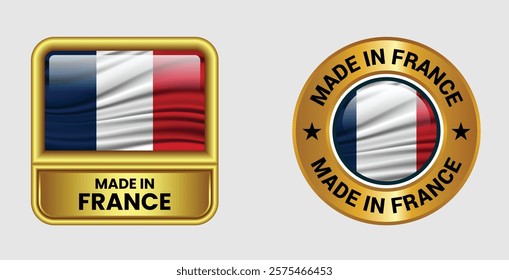 Made in France label icon set in gold color, featuring both rectangular and circular designs. Includes the France flag icon, ideal for business and product branding