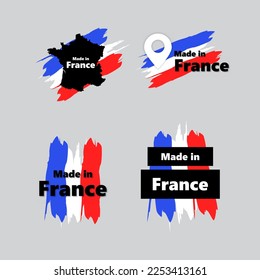 
Made in France label set. Made in France stamp. Big set of labels, stickers, bookmarks, badges, symbols and page curls with France flag icon on design elements.