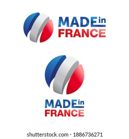 Made in France label tag sticker with 3D French flag in Spherical form. Country of origin icon.