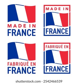 Made in France label - warranty and quality production sticker with national French flag. Square vector badge