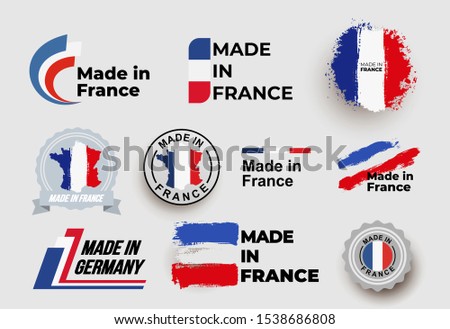 Made in France logo. Set of design France flag in map quality label icon. Vector illustration. Isolated on white background.