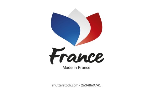 Made in France logo, sticker. Abstract France flag and ribbon in shape of leaf flower with handwritten typography lettering