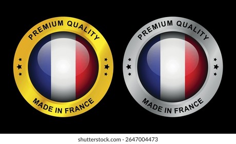 made in france premium quality badges with french flag and gold silver circular seal design on black background	
