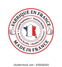 Made in France, Premium Quality (French and English language text) - grunge label containing the map and flag colors of France. Print colors used