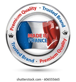 Made in France, Premium Quality, trusted brand - business commerce shiny icon with the French flag. Suitable for retail industry.