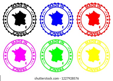 Made in France - rubber stamp - vector, France map pattern - black, blue, green, yellow, purple and red
