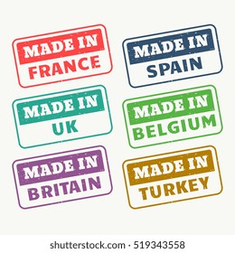 made in france, spain, uk, belgium, britain and turkey stamps set