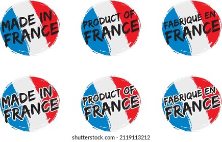 Made in France - A sticker label with text and a flag which indicates the country of origin or manufacture. Round vector stamp in grunge style.