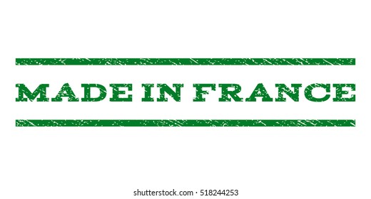 Made In France watermark stamp. Text caption between horizontal parallel lines with grunge design style. Rubber seal stamp with dirty texture. Vector green color ink imprint on a white background.