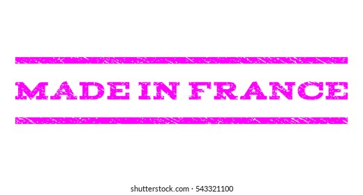 Made In France watermark stamp. Text caption between horizontal parallel lines with grunge design style. Rubber seal stamp with scratched texture.