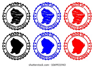 Made in French Guiana - rubber stamp - vector, French Guiana map pattern - black, blue and red