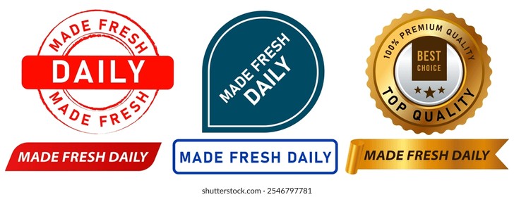 Made fresh daily food product healthy everyday produce new pure handmade homemade stamp colorful badges emblem sticker label banner ribbon design icon set collection