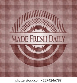 Made Fresh Daily red seamless emblem with geometric pattern background. 