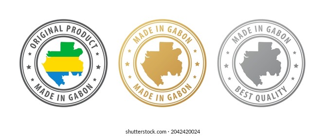 Hecho en Gabón - conjunto de sellos con mapa y bandera. La mejor calidad. Producto original. Ilustración del vector