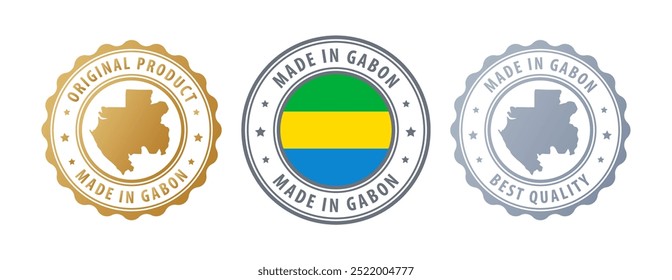 Made in Gabon - set of stamps with map and flag. Best quality. Original product. Vector illustration