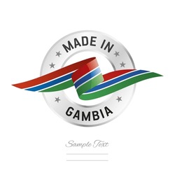 Made in Gambia. Gambia flag ribbon with circle silver ring seal stamp icon. Gambia sign label vector isolated on white background