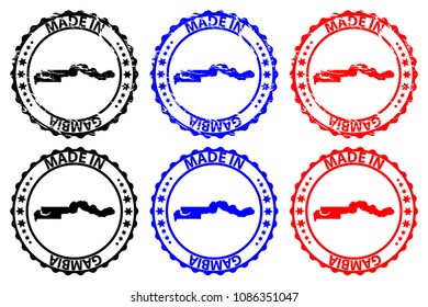 Made in Gambia - rubber stamp - vector, The Gambia map pattern - black, blue and red