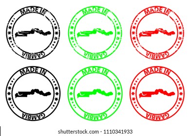 Made in Gambia - rubber stamp - vector, The Gambia map pattern - black, green and red
