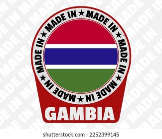 Hecho en Gambia, placa vectorial, simple icono aislado con bandera del país, Gambia marca el diseño de la señal del sello, redondeado hecho en texto