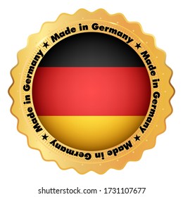 Made in Germany badge with flag and stars inside gold shiny emblem. Black color text. Stock vector illustration on white isolated background.