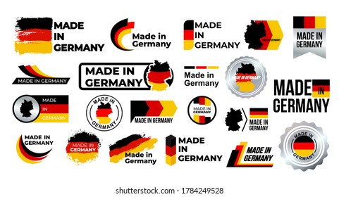 Made in Germany. Big set of label, stickers, pointer, badge, symbol and page curl with German flag icon on design element. Collection vector illustration. Isolated on white background.