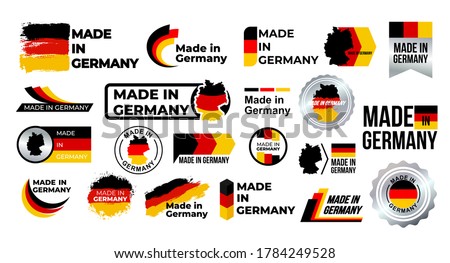 Made in Germany. Big set of label, stickers, pointer, badge, symbol and page curl with German flag icon on design element. Collection vector illustration. Isolated on white background. Foto d'archivio © 