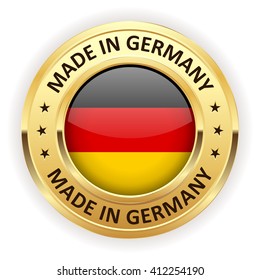 Made in germany button with gold border on white background