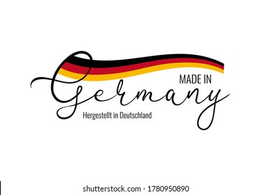 Made in Germany calligraphy and German waving black, red and yellow color flag. National  product stamp icon isolated on white background. Vector illustration