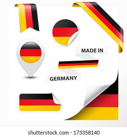 Made in Germany collection of ribbon, label, stickers, pointer, badge, icon and page curl with German flag symbol on design element. Vector EPS10 illustration isolated on white background.