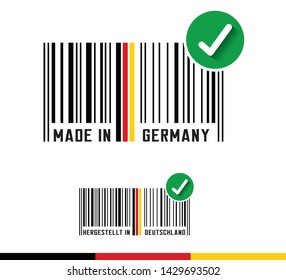 Made in Germany - concept with barcode and the national flag. Vector illustration in English and German language.