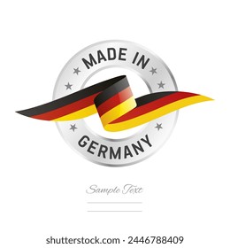 Made in Germany. Germany flag ribbon with circle silver ring seal stamp icon. Germany sign label vector isolated on white background