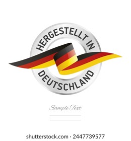 Fabricado en Alemania en lengua alemana. Cinta de la bandera de Alemania con el icono del sello del anillo de plata circular. Vector de la etiqueta de la señal de Alemania aislado sobre fondo blanco