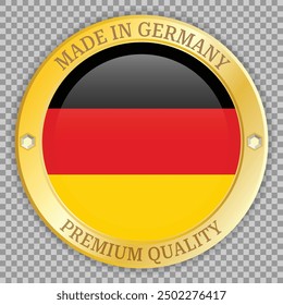 Hecho en Alemania insignia de oro. Insignia de calidad de Premium sobre fondo de cuadrícula. Icono de Vector con sombra debajo