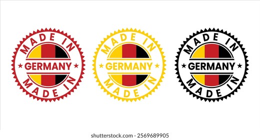 Made in Germany label design featuring vibrant flag elements. Ideal for branding, quality product packaging, and authentic German manufacturing promotion.