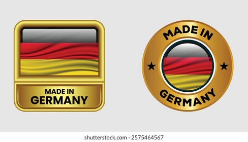 Made in Germany label icon set in gold color, featuring both rectangular and circular designs. Includes the Germany flag icon, ideal for business and product branding