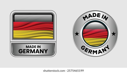 Made in Germany label icon set in silver color, featuring both rectangular and circular designs. Includes the Germany flag icon, ideal for business and product branding