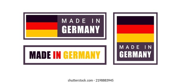 Made in Germany label set. Made in Germany stamp. Big set of label, stickers, pointer, badge, symbol and page curl with German flag icon on design element. 