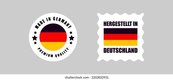 Made in Germany label set.  Made in Germany stamp. Big set of label, stickers, pointer, badge, symbol and page curl with German flag icon on design element. Collection vector illustration.