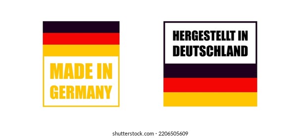 Made in Germany label set. Made in Germany stamp. Big set of label, stickers, pointer, badge, symbol and page curl with German flag icon on design element. 