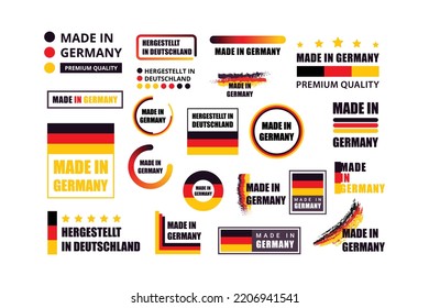 Made in Germany label set. Made in Germany stamp. Big set of label, stickers, pointer, badge, symbol and page curl with German flag icon on design element.