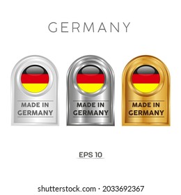 Made in Germany Label, Stamp, Badge, or Logo. With The National Flag of Germany. On platinum, gold, and silver colors. Premium and Luxury Emblem