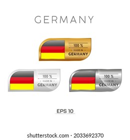 Hergestellt in Deutschland Label, Stempel, Abzeichen oder Logo. Mit der Nationalflagge Deutschlands. Auf Platin-, Gold- und Silberfarben. Premium- und Luxus-Emblem