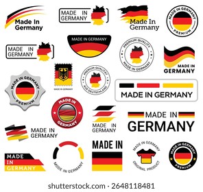Made in Germany large collection set . Including german flag elements, map, badge design, heart shapes, and premium quality design . Collection vector illustration. Isolated on white background.